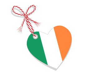 Fahne als Herz  „I Love Irland“ mit Kordel-Schleife,
Vektor Illustration isoliert auf weißem Hintergrund
