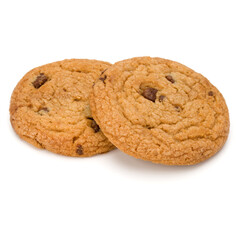 Two Chocolate chip cookies isolated on white background. Sweet biscuits. Homemade pastry.
