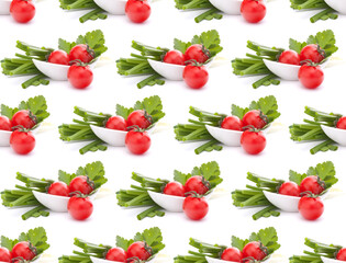 Spring onions and cherry tomato in bowl . Seamless food pattern.