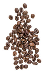 Coffee beans isolated on white background. Top view. Flat lay. Coffee beans flow in air, without shadow.