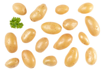 Potatoes and parsley isolated on white background. Top view. Flat lay pattern. Potatoes in air, without shadow.