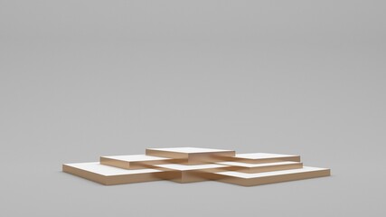 Gold and white podium. Gold display stand. Grey background. 3d render