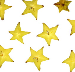 Star shaped slices of carambola fruit isolated on white background. Carambola fruit with slice of star fruit  isolated on a white background.