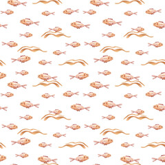 Watercolor modern abstract boho beige fish and waves seamless pattern. Hand painted nursery cute bohemian print can be used for scrapbook paper, wallpaper, wrapping paper, fabric, textile