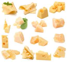 Cheese collection isolated on white background. Set of different cheeses.