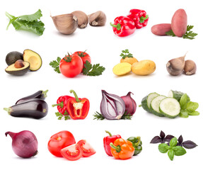 Vegetables collection isolated on white background. Set of different fresh raw veggies. Food ingredient. Healthy food concept.