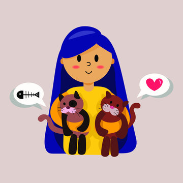 Girl with cats. Love animals. Pets. Different needs. Flat vector illustration. 