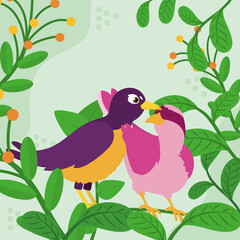 lovely birds with leaves around, colorful design