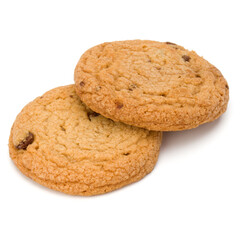 Two Chocolate chip cookies isolated on white background. Sweet biscuits. Homemade pastry.
