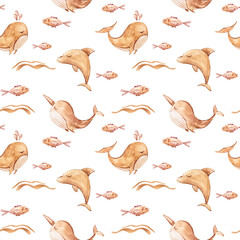 Watercolor boho whales and dolphins seamless pattern. Hand painted nursery cute bohemian print can be used for scrapbook paper, wallpaper, wrapping paper, fabric, textile, sublimation