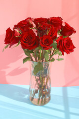 Beautiful red roses in the vase with a pink background. Holiday and love concept.