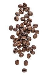Obraz premium Coffee beans isolated on white background. Top view. Flat lay. Coffee beans flow in air, without shadow.