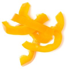 Naklejka na ściany i meble Yellow pepper slices with basil leaves isolated on white background cutout. Top view, flat lay.