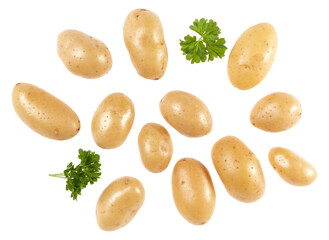 Potatoes and parsley isolated on white background. Top view. Flat lay pattern. Potatoes in air, without shadow.