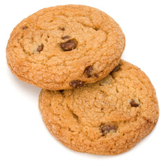 Two Chocolate chip cookies isolated over white background. Sweet biscuits. Homemade pastry.