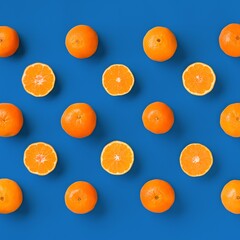Fruit pattern of fresh orange tangerine or mandarin on blue background. Flat lay, top view. Pop art...