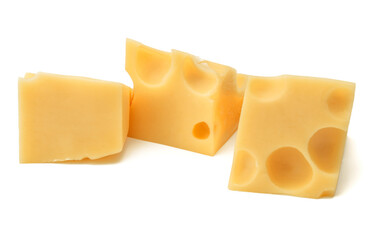 Cubes of cheese. Cheese block isolated on white background cutout.