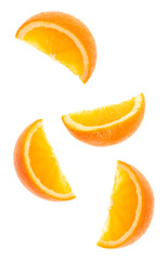 falling fresh orange fruit slices isolated on white background closeup. Flying food concept. Top view. Flat lay. Orange slice in air, without shadow..