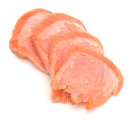 smoked salmon segments isolated over white background cutout. Prepared fish fillet fibres. .