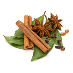 Various spices isolated on white background. Bay leaves, cinnamon and anise stars.