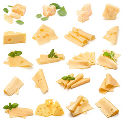 Cheese collection isolated on white background. Set of different cheeses.