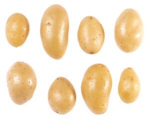 Potatoes set isolated on white background. Top view. Flat lay pattern. Potatoes in air, without shadow.