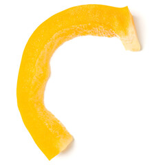 Yellow pepper slice isolated on white background cutout. Top view, flat lay.