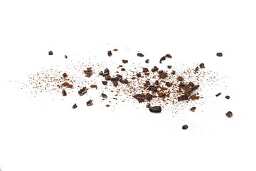 Cocoa nibs, a pieces of broken cocoa beans isolated, top view
