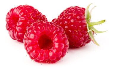 ripe raspberries isolated over white background close up .