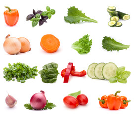 Vegetables collection isolated over white background. Set of different fresh raw veggies. Food ingredient. Healthy food concept. .