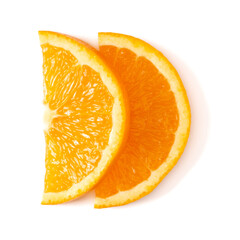 Orange fruit slice layout isolated over white background closeup. Food background. Flat lay, top view..