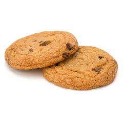 Two Chocolate chip cookies isolated over white background. Sweet biscuits. Homemade pastry..