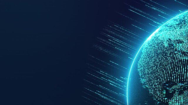 Digital Earth globe rotating in cyberspace with data flowing neon light stripe, 3D futuristic global network communication technology in modern digital age world, hologram dot particle background
