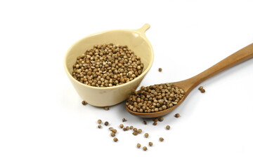 Coriander seeds in a wooden spoon isolated on white background. 