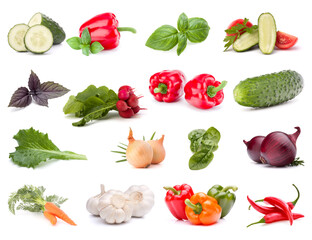 Vegetables collection isolated over white background. Set of different fresh raw veggies. Food ingredient. Healthy food concept. .