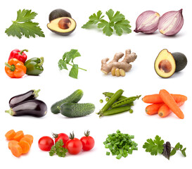 Vegetables collection isolated over white background. Set of different fresh raw veggies. Food ingredient. Healthy food concept. .