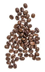 Coffee beans isolated over white background. Top view. Flat lay. Coffee beans flow in air, without shadow..