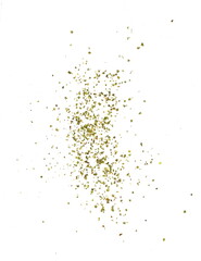 Dry marjoram spice (Origanum majorana). Heap of ground marjoram leaves isolated on white.