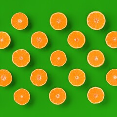 Fruit pattern of fresh orange tangerine or mandarin over green background. Flat lay, top view. Pop art design, creative summer concept. Citrus in minimal style..
