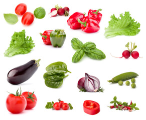 Vegetables collection isolated over white background. Set of different fresh raw veggies. Food ingredient. Healthy food concept. .