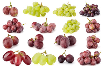 Grape berries collection isolated on white background cutout. Set of different grape branches.