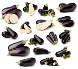 Eggplant isolated on white background. Set of different composition of eggplants.
