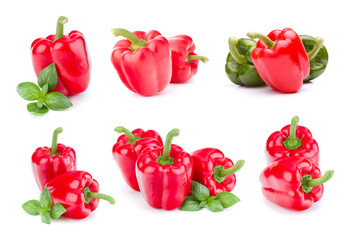 Sweet red pepper isolated on white background. Set of different composition of paprika.