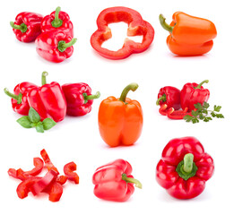 Sweet red pepper isolated on white background. Set of different composition of paprika.