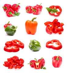 Sweet red pepper isolated on white background. Set of different composition of paprika.