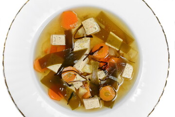 Japanese Cuisine - Miso Soup with Seaweed, vegetables and Tofu Cheese