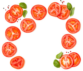 Creative layout made of tomato slices and basil leaves. Flat lay, top view. Food concept. Vegetables isolated on white background. Food ingredients pattern with copy space.
