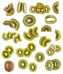 Fototapeta premium Kiwi isolated on white background. Flat lay, top view. Set of different composition of kiwi slices.