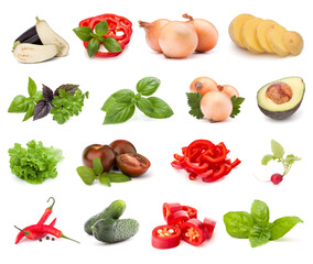 Vegetables collection isolated over white background. Set of different fresh raw veggies. Food ingredient. Healthy food concept. .