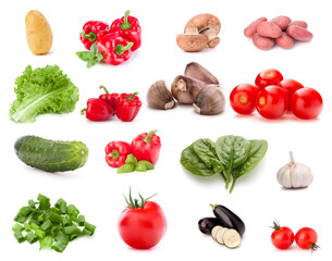 Vegetables collection isolated over white background. Set of different fresh raw veggies. Food ingredient. Healthy food concept. .